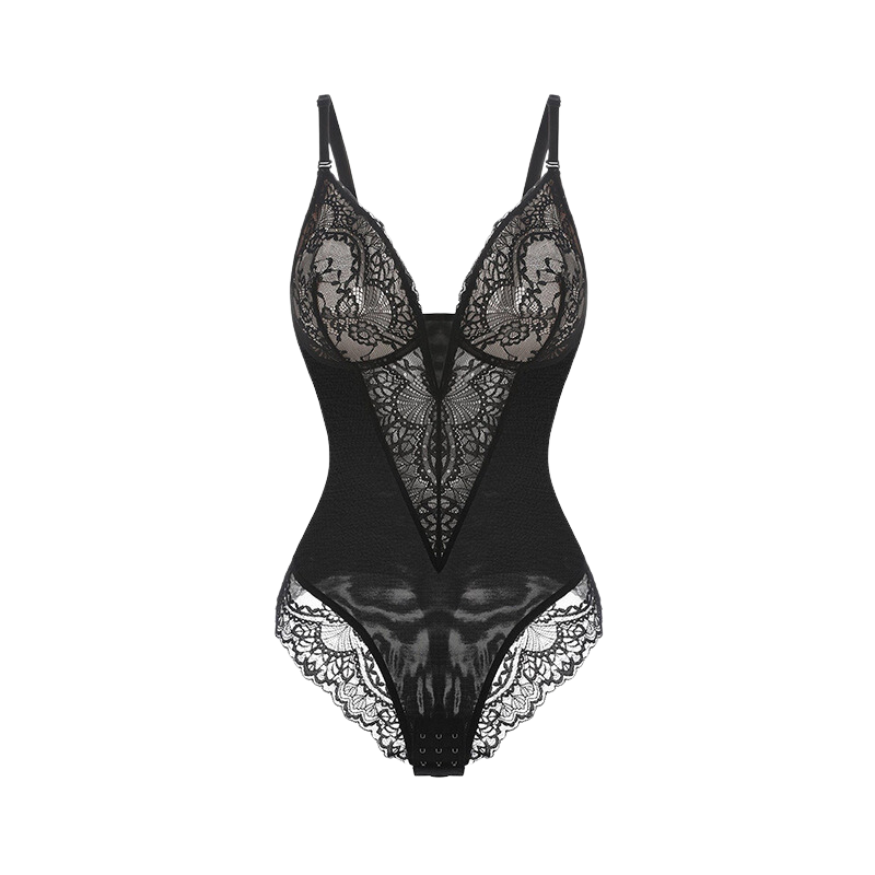 PopShape™ Deep-V Neck Lace Thong Bodysuit