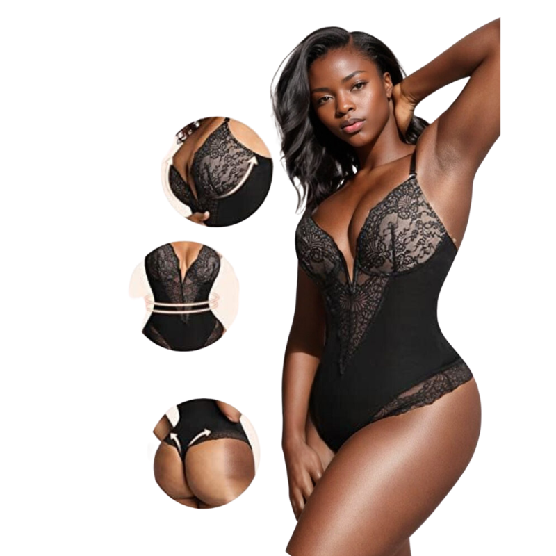 PopShape™ Deep-V Neck Lace Thong Bodysuit