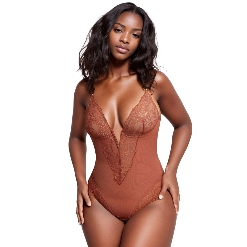 PopShape™ Deep-V Neck Lace Thong Bodysuit