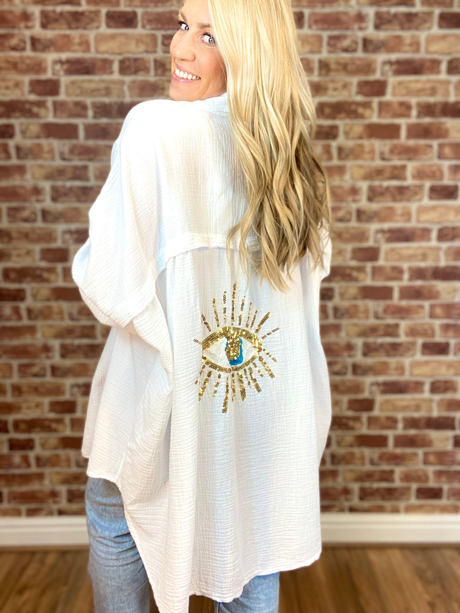 Evil Eye Casual Sequin Beaded Shirt