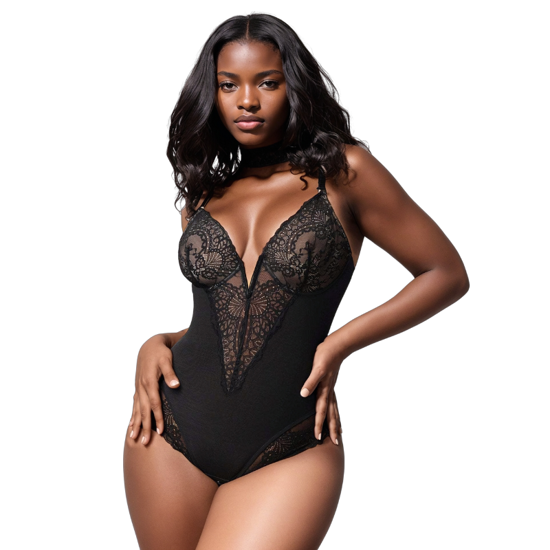 PopShape™ Deep-V Neck Lace Thong Bodysuit