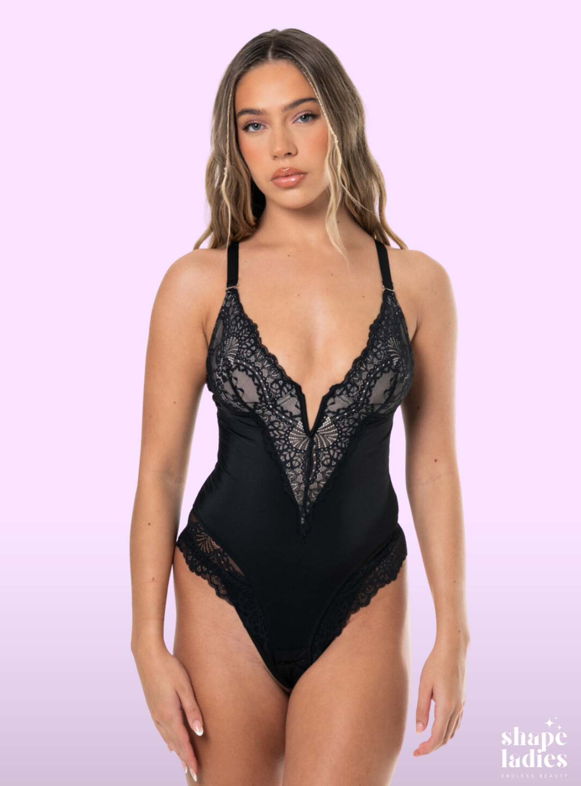 PopShape™ Deep-V Neck Lace Thong Bodysuit