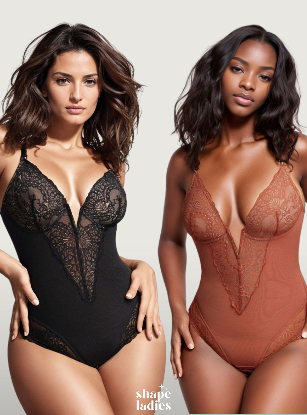 PopShape™ Deep-V Neck Lace Thong Bodysuit